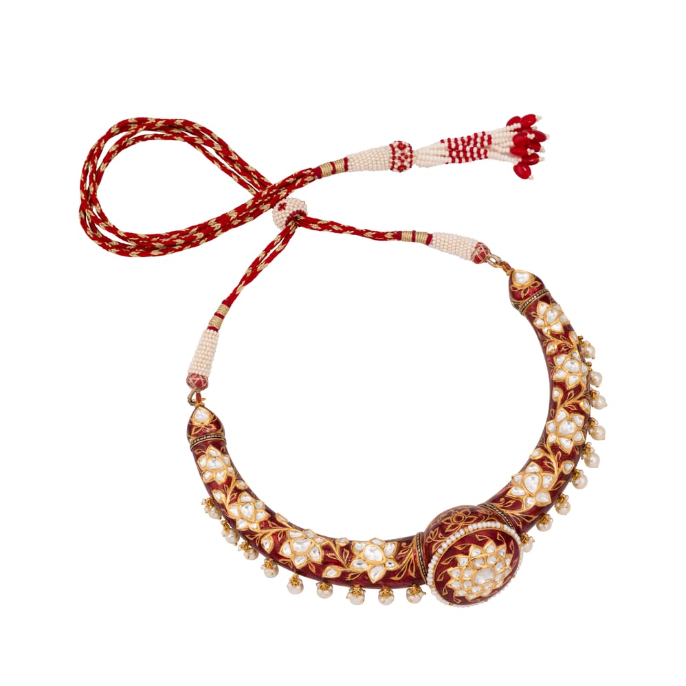 Floral Polki Hasli in Red Enamel with Pearl Drops